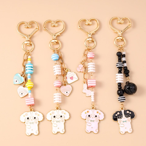 Mignon Porte-clés Chien Dessin Animé Alliage Zinc Emaille Charmes Cœur Pendentif Perle Porte-clés Pour Sacs Cadeau Femmes