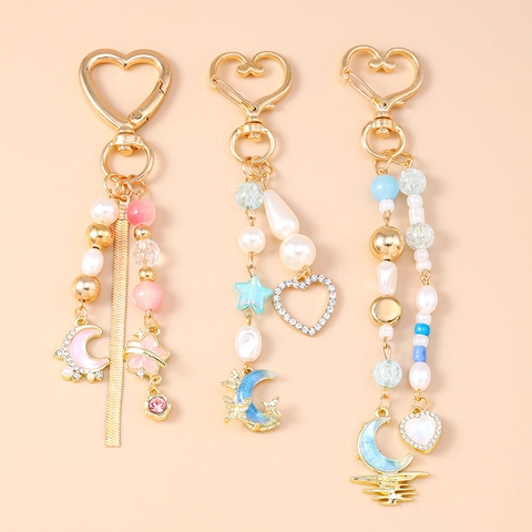 Creative Heart Moon Star Keychain With Artificial Pearl Rhinestone Zinc Alloy Beaded Bag Pendant Dreamy Fashion Jewelry Gift