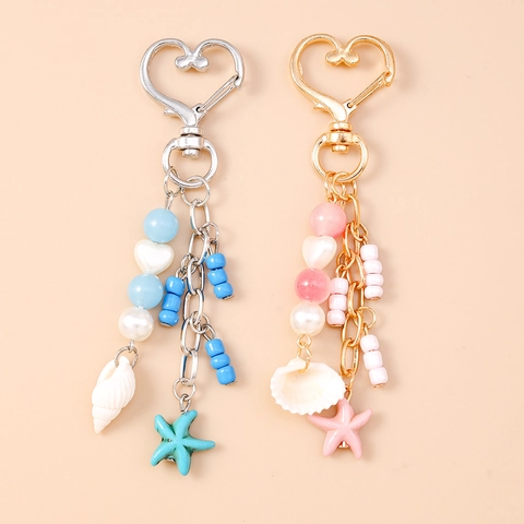 Summer Beach Sea Shell Starfish Beaded Keychain Heart Lobster Clasp Bag Hanging Ornament Zinc Alloy Artificial Pearl Jewelry