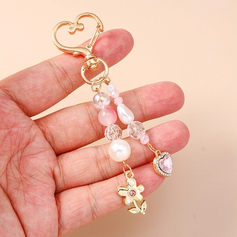Portachiavi con Perline a Forma di Cuore e Fiore Lega di Zinco Strass Perla Artificiale Ornamento per Borsa Donna Regalo