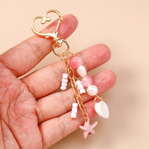 Summer Beach Sea Shell Starfish Beaded Keychain Heart Lobster Clasp Bag Hanging Ornament Zinc Alloy Artificial Pearl Jewelry