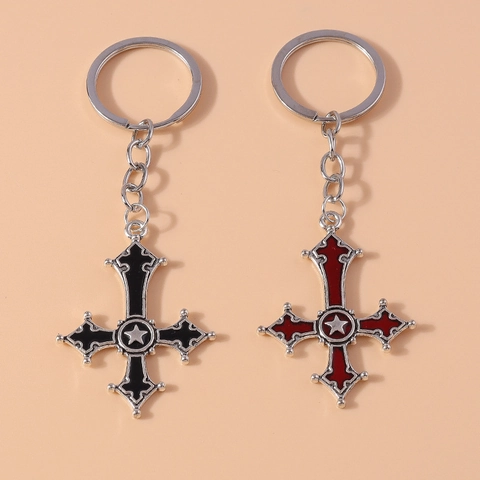 Porte-clés Croix Gothique Avec Pendentif Étoile Pentagramme en Alliage de Zinc Émail pour Femme Homme Accessoire de Sac à Dos