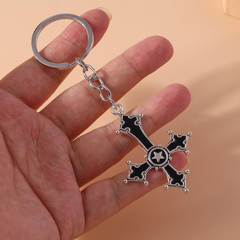 Porte-clés Croix Gothique Avec Pendentif Étoile Pentagramme en Alliage de Zinc Émail pour Femme Homme Accessoire de Sac à Dos