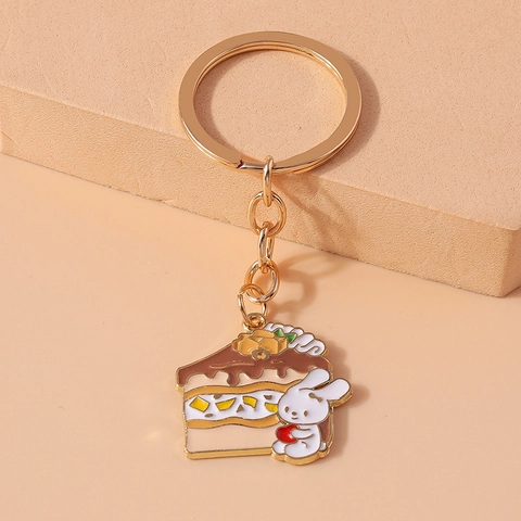 Süßer Cartoon Hase Kuchen Emaille Schlüsselanhänger Goldene Zinklegierung Schlüsselring Mode Tasche Anhänger Schmuck Geschenk Für Damen Kinder