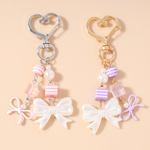Fashion Striped Beaded Bow Keychain For Women Cute Artificial Pearl Heart Clasp Bag Pendant Sweet Resin Jewelry Accessories