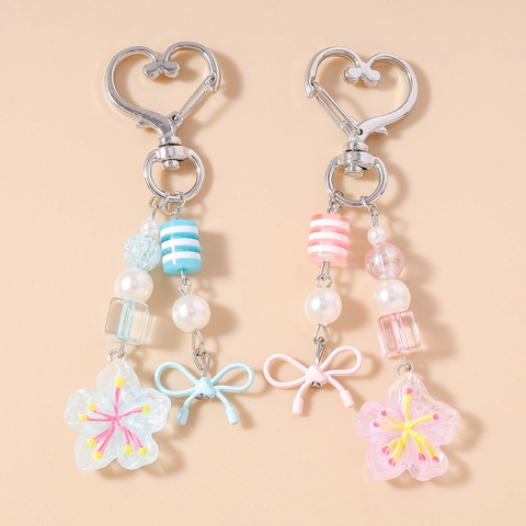 Fashion Cherry Blossom Beaded Keychain Sweet Bow Resin Sakura Bag Charm Heart Metal Buckle For Women Girls Floral Gift