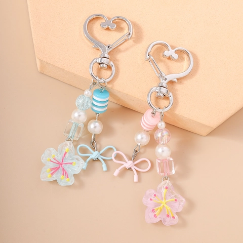 Fashion Cherry Blossom Beaded Keychain Sweet Bow Resin Sakura Bag Charm Heart Metal Buckle For Women Girls Floral Gift