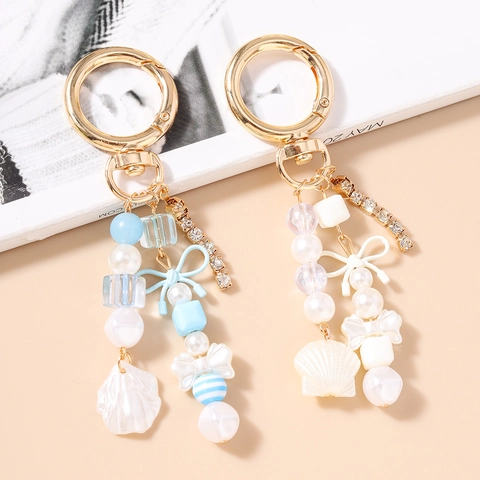 Fashion Resin Beaded Keychain With Bow Shell Pendant Alloy Rhinestone Chain Bag Hanging Ornament For Women Girls Daily