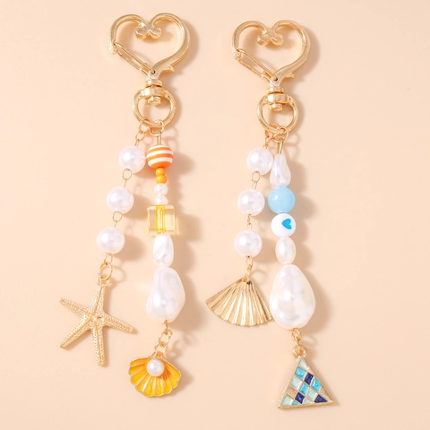 Llavero de Cuentas Temático de Océano Con Perla Artificial de Imitación Estrella de Mar Concha Corazón Colgante de Aleación de Oro Bolsa