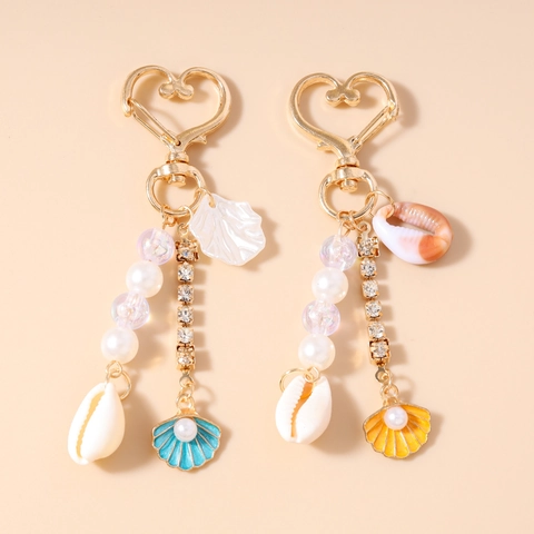 Mode Ozean Muschel Künstliche Perle Schlüsselanhänger Mit Goldenem Herz Haken Strass Künstliche Perlen Tasche Anhänger Für Damen Schmuck