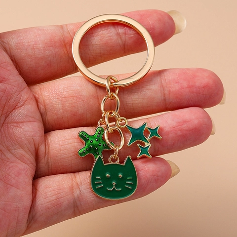 Cute Cartoon Cat Star Starfish Keychain Gold Zinc Alloy Enamel Drip Oil Bag Charm Pendant For Women Girls Fashion Jewelry