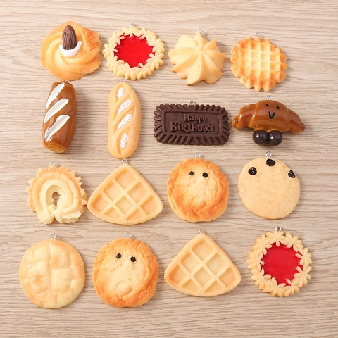 Simulation Food Bread Cookie Resin Pendants For DIY Jewelry Making Keychain Charms Waffle Croissant Baguette Accessories