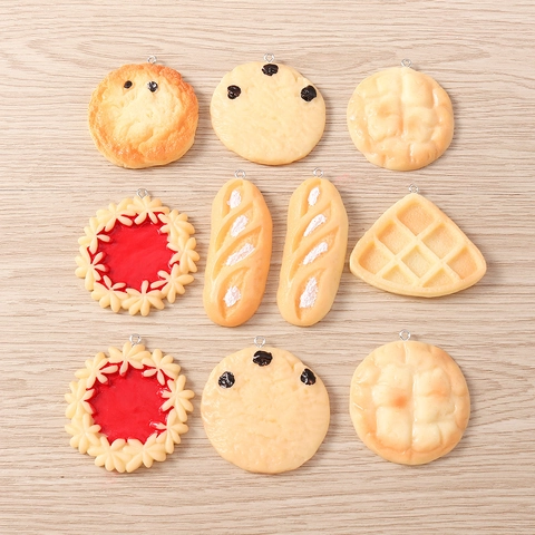 Simulation Food Bread Cookie Resin Pendants For DIY Jewelry Making Keychain Charms Waffle Croissant Baguette Accessories