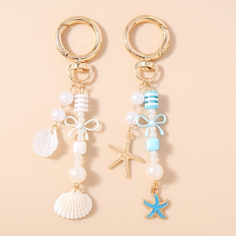 Mode Oceaan Thema Gestreepte Kralen Kunstparel Schelp Zeester Sleutelhanger Tas Hanger Voor Vrouwen Zomer Stijl Sleutelring Cadeau
