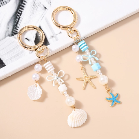 Mode Oceaan Thema Gestreepte Kralen Kunstparel Schelp Zeester Sleutelhanger Tas Hanger Voor Vrouwen Zomer Stijl Sleutelring Cadeau