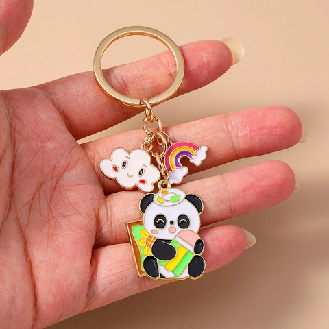 Cartoon Panda Sleutelhanger Schattige Wolk Regenboog Emaille Metalen Sleutelring Zinklegering Tas Hanger Voor Vrouwen Kinderen Sieraad Cadeau
