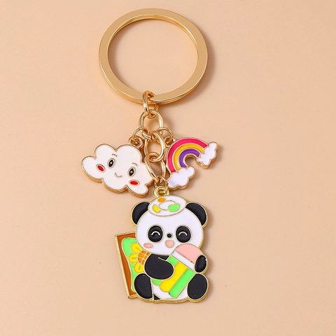 Cartoon Panda Sleutelhanger Schattige Wolk Regenboog Emaille Metalen Sleutelring Zinklegering Tas Hanger Voor Vrouwen Kinderen Sieraad Cadeau