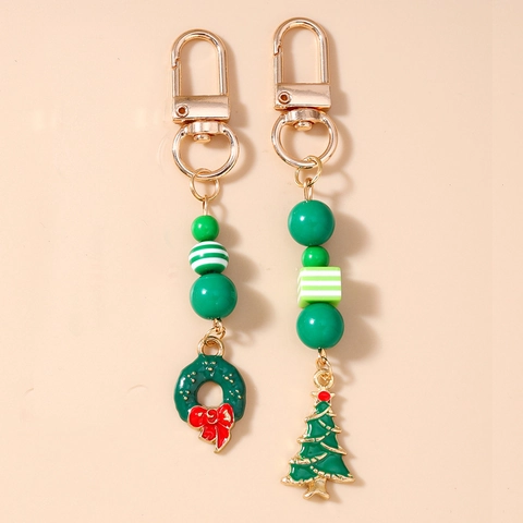 Porte-clés Perlé de Noël en Alliage de Zinc Émaillé Couronne Sapin de Noël Pendentif Perles Vert Blanc Bijou de Sac Cadeau