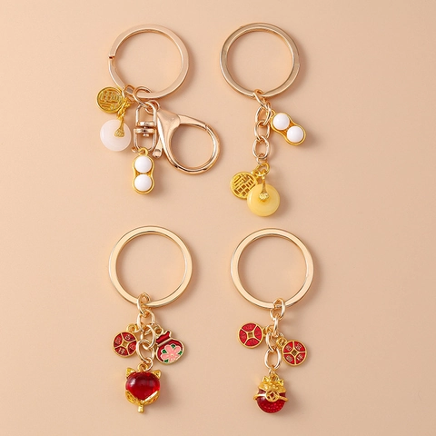 Chinese Style Lucky Symbol Keychain Zinc Alloy Gold Plated Peanut Fox Lucky Bag Pendant Keyring Jewelry For Women Men Gift