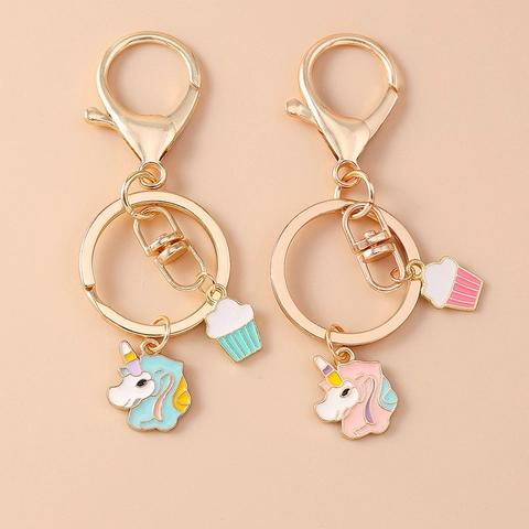 Cute Cartoon Unicorn Cupcake Keychain Zinc Alloy Enamel Drip Oil Gold Plated Key Ring For Women Girls Bag Charm Pendant Gift