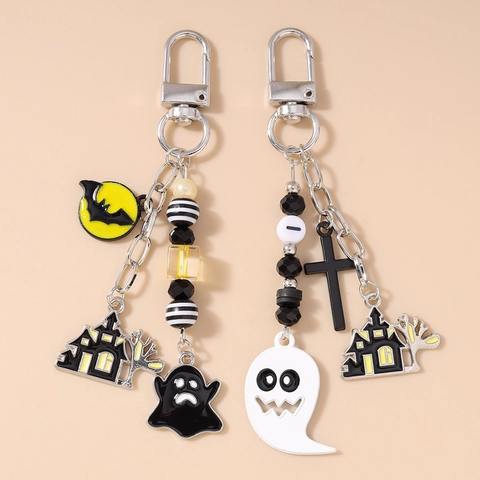 Portachiavi a Perline di Halloween Lega di Zinco Smalto Fantasma Pipistrello Castello Croce Pendente Borsa Gotico Decorazione Festa