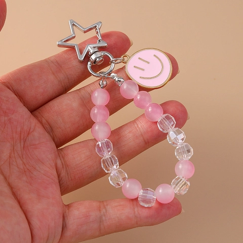 Porte-clés Étoile à Perles à la Mode Avec Pendentif Visage Souriant Perles Acryliques Colorées Anneau de Clé pour Décoration de Sac Femmes