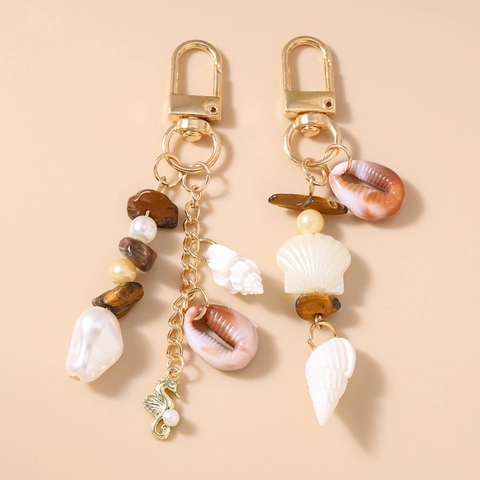 Ocean Style Beaded Keychain With Shell Conch Starfish Seahorse Pendant Tiger Eye Stone Artificial Pearl Bag Charm Jewelry For Women