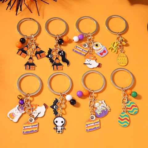 Halloween Cartoon Emaille Sleutelhanger Spook Vleermuis Pompoen Kasteel Hanger Metalen Sleutelring Met Kralen Voor Feest Cadeau