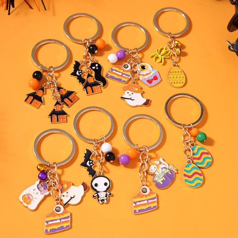 Halloween Cartoon Emaille Sleutelhanger Spook Vleermuis Pompoen Kasteel Hanger Metalen Sleutelring Met Kralen Voor Feest Cadeau