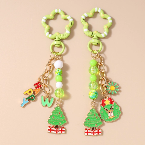 Porte-clés Perlé Sapin de Noël Renne Couronne Résine Alliage Pendentif Happy Letter Fleur Charme de Sac Cadeau Festif
