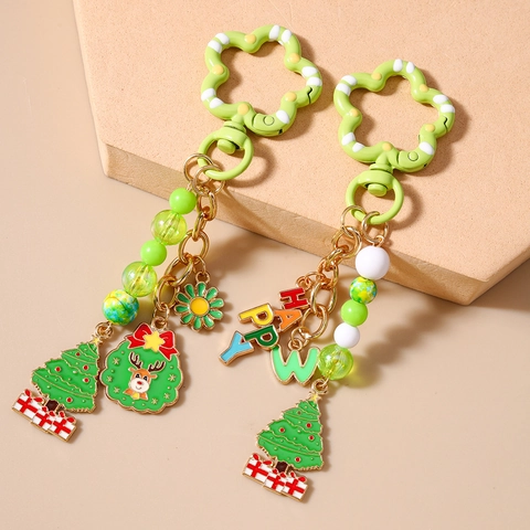 Porte-clés Perlé Sapin de Noël Renne Couronne Résine Alliage Pendentif Happy Letter Fleur Charme de Sac Cadeau Festif