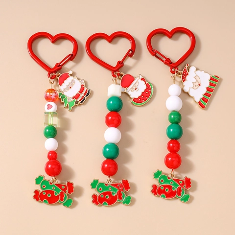 Porte-clés en Perles de Noël pour Femmes Pendentif Père Noël Émaillé Charme de Sac Alliage Résine Rouge Vert Blanc Cadeau Fête