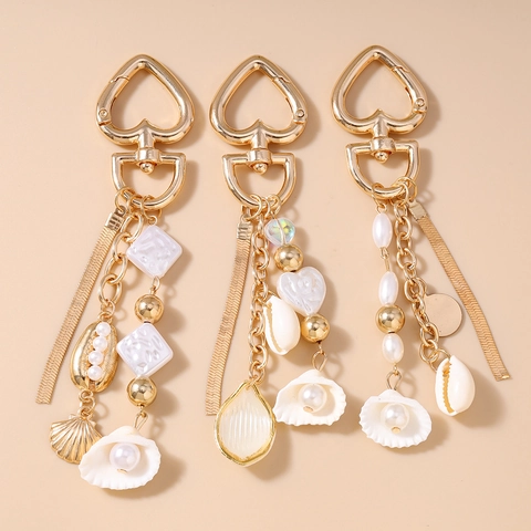 Llavero Estilo Oceánico Concha Perla Artificial Corazón Oro Aleación Cadena Serpiente Borla Adorno de Bolso Joyería para Mujer Regalo