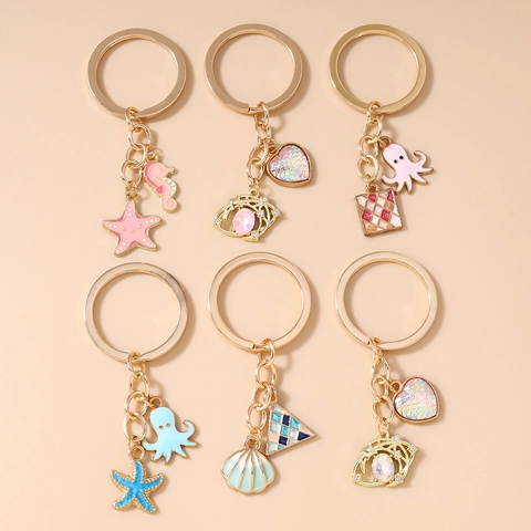 Llavero de Vida Marina con Tema del Océano Caballito de Mar Estrella de Mar Pulpo Corazón Esmalte Aleación de Zinc Llavero
