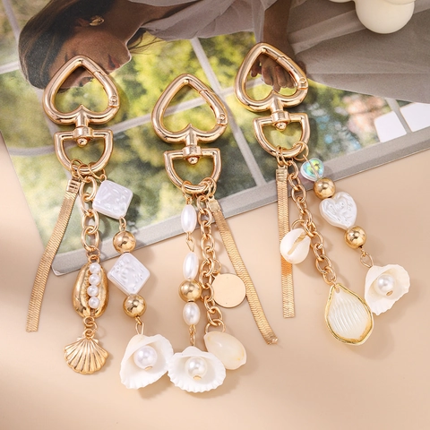 Llavero Estilo Oceánico Concha Perla Artificial Corazón Oro Aleación Cadena Serpiente Borla Adorno de Bolso Joyería para Mujer Regalo