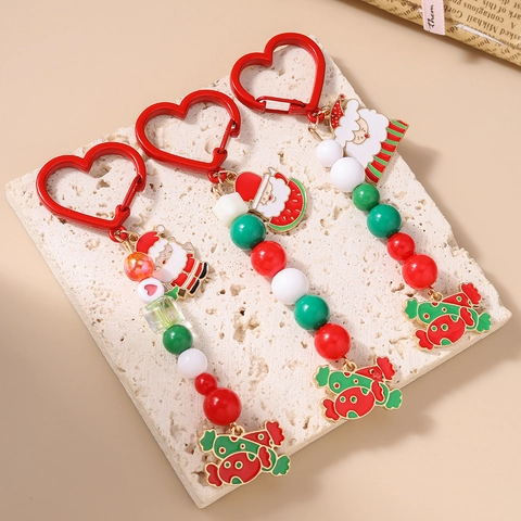 Porte-clés en Perles de Noël pour Femmes Pendentif Père Noël Émaillé Charme de Sac Alliage Résine Rouge Vert Blanc Cadeau Fête