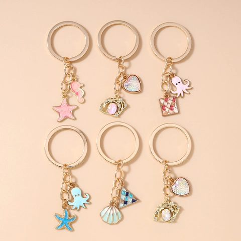 Llavero de Vida Marina con Tema del Océano Caballito de Mar Estrella de Mar Pulpo Corazón Esmalte Aleación de Zinc Llavero