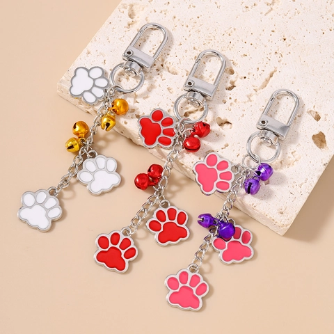 Cute Animal Paw Print Keychain With Colorful Bell Zinc Alloy Enamel Bag Pendant Key Ring Accessory For Women Kids Gift