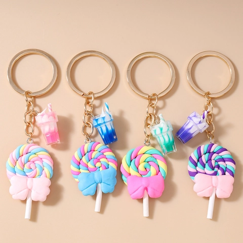 Süß Simulationsessen Lutscher Schlüsselanhänger Regenbogen Harz Anhänger Mit Schleife Und Mini Getränkebecher Für Taschen Autoschlüssel