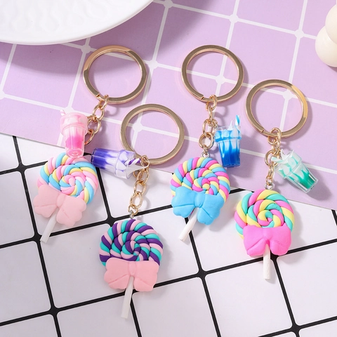 Süß Simulationsessen Lutscher Schlüsselanhänger Regenbogen Harz Anhänger Mit Schleife Und Mini Getränkebecher Für Taschen Autoschlüssel