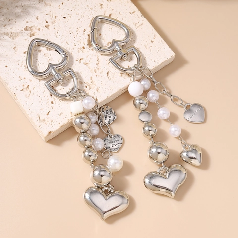 Llavero de Corazón con Cuentas y Borla Perla Artificial Colgante de Letra Love You Aleación de Zinc para Bolso