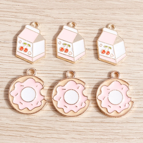 Pendentifs Nourriture Beignet Rose Brique de Lait Alliage Émail Pour Bricolage Boucle d'Oreille Collier Porte-Clés Bijoux