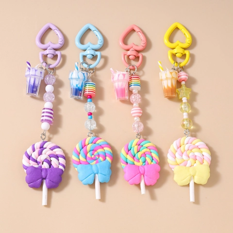 Sweet Lollipop Beaded Keychain Resin Alloy Heart Clasp Colorful Ice Cream Pendant Bag Charm For Women Girls Gift