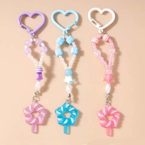 Portachiavi con Perline Kawaii Chiusura a Cuore Ciondolo Lecca-lecca Stella per Donne Ragazze Estetica in Resina Fatto a Mano Accessorio