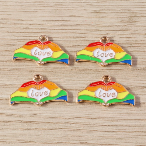 Fashion Zinc Alloy Rainbow Heart Hand Gesture Charms With Love Letter Drip Oil Enamel Pendants For DIY Jewelry Making