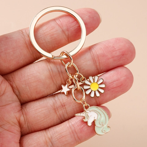 Llavero Unicornio de Moda Colgante Flor Corazón Paraguas Arcoiris Aleación de Zinc Esmalte Amuleto de Bolso para Mujer Regalo