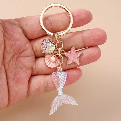 Llavero de Moda Cola de Sirena Degradado Corazón Concha Estrella de Mar Colgante Bolsa Aleación de Zinc Regalo Mujer