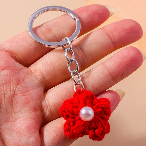 Portachiavi Fiore Fatto a Mano All'uncinetto Ciondolo Borsa Floreale In Maglia Con Perla Artificiale Lega Donna Gioielli