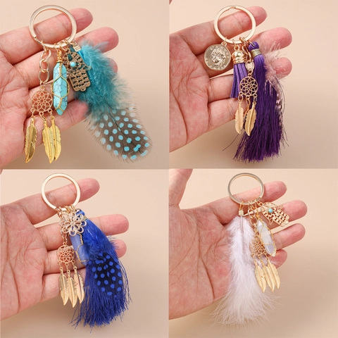 Bohemian Traumfänger Feder Schlüsselanhänger Legierung Kristall Hexagonale Säule Quaste Tasche Anhänger Damen Geschenk