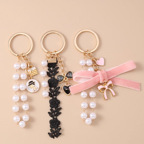 Mode Künstliche Perlenquaste Schlüsselanhänger Samt Rosa Schleife Herz Anhänger Zinklegierung Schlüsselring Geschenk Damen Schmuck